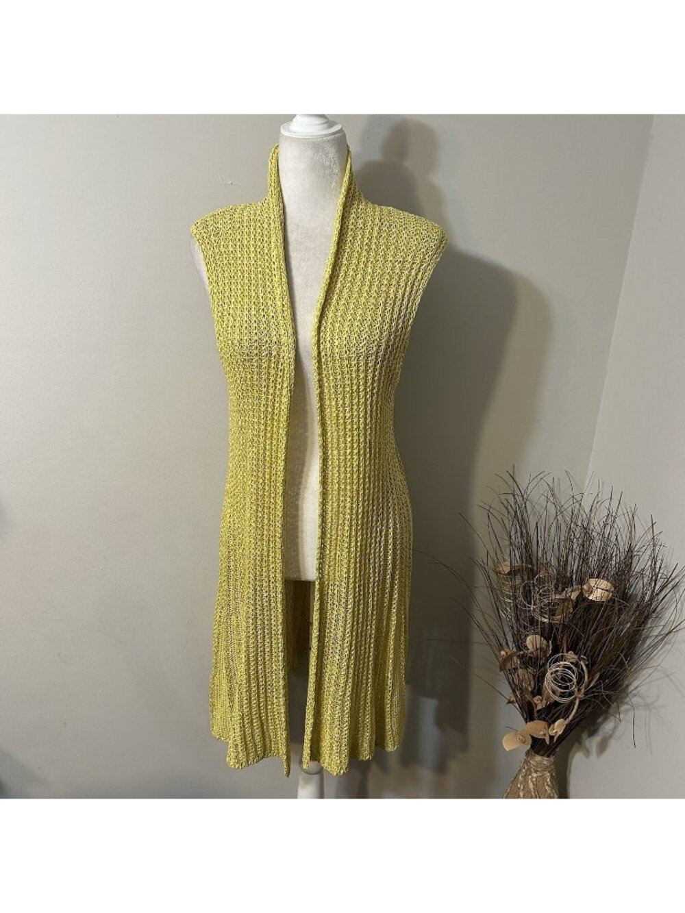 NWT ANGEL Apparel Open Knit Sleeveless Longline Yellow Duster Open Cardigan Sz L